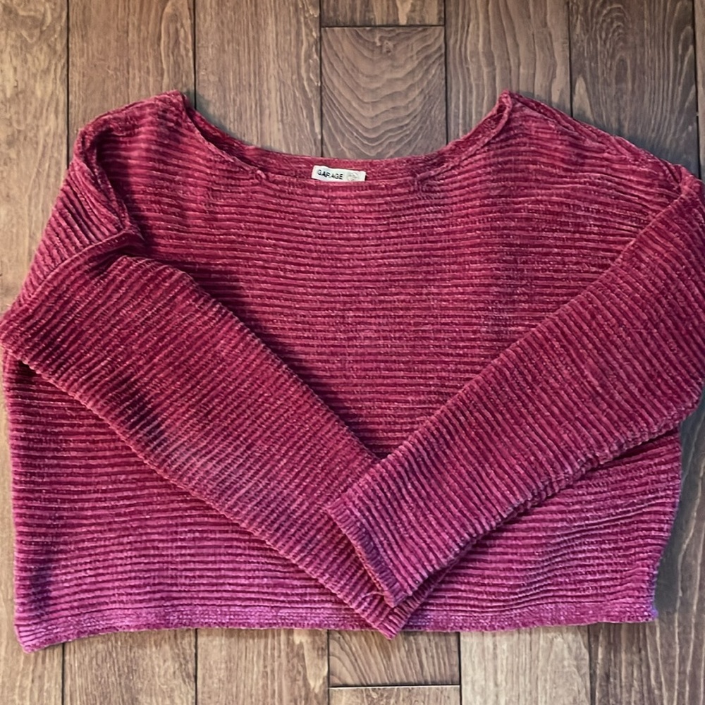 Garage Cranberry Chenille Cropped Sweater with wide neck